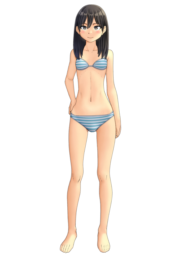 1girl bangs barefoot black_eyes black_hair blue_bra blue_panties blush bra breasts closed_mouth commentary_request crotch_seam full_body hand_on_hip looking_at_viewer maburu_(lojyq1eur3e8bit) medium_hair navel original panties simple_background small_breasts smile solo standing striped striped_bra striped_panties underwear underwear_only white_background