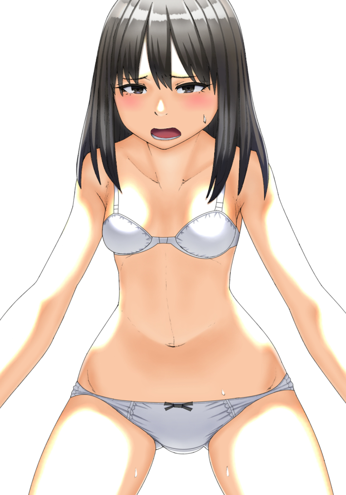 1girl ass_visible_through_thighs bangs black_eyes black_hair blush bow bow_panties bra breasts commentary_request cowboy_shot crotch_seam from_below frown half-closed_eyes leaning_forward looking_at_viewer maburu_(lojyq1eur3e8bit) medium_hair navel open_mouth original panties simple_background small_breasts solo standing sweat underwear underwear_only white_background white_bra white_panties