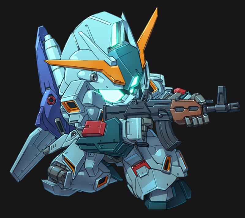 aiming aqua_eyes assault_rifle beam_rifle black_background char's_counterattack chibi energy_gun glowing glowing_eyes gun gundam gundam_msv holding holding_gun holding_weapon mecha mobile_suit re-gz_custom rifle science_fiction solo susagane v-fin weapon