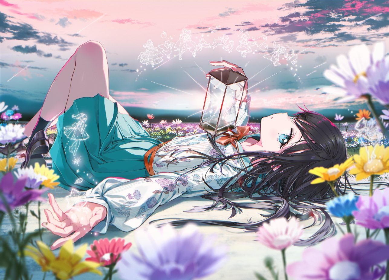 1girl aqua_skirt bangs black_footwear black_hair black_legwear blue_eyes clouds floral_print flower_bed full_body lantern legs_up long_hair long_sleeves lying on_back original parted_lips pleated_skirt puffy_long_sleeves puffy_sleeves red_neckwear sailor_collar skirt sky solo tiv