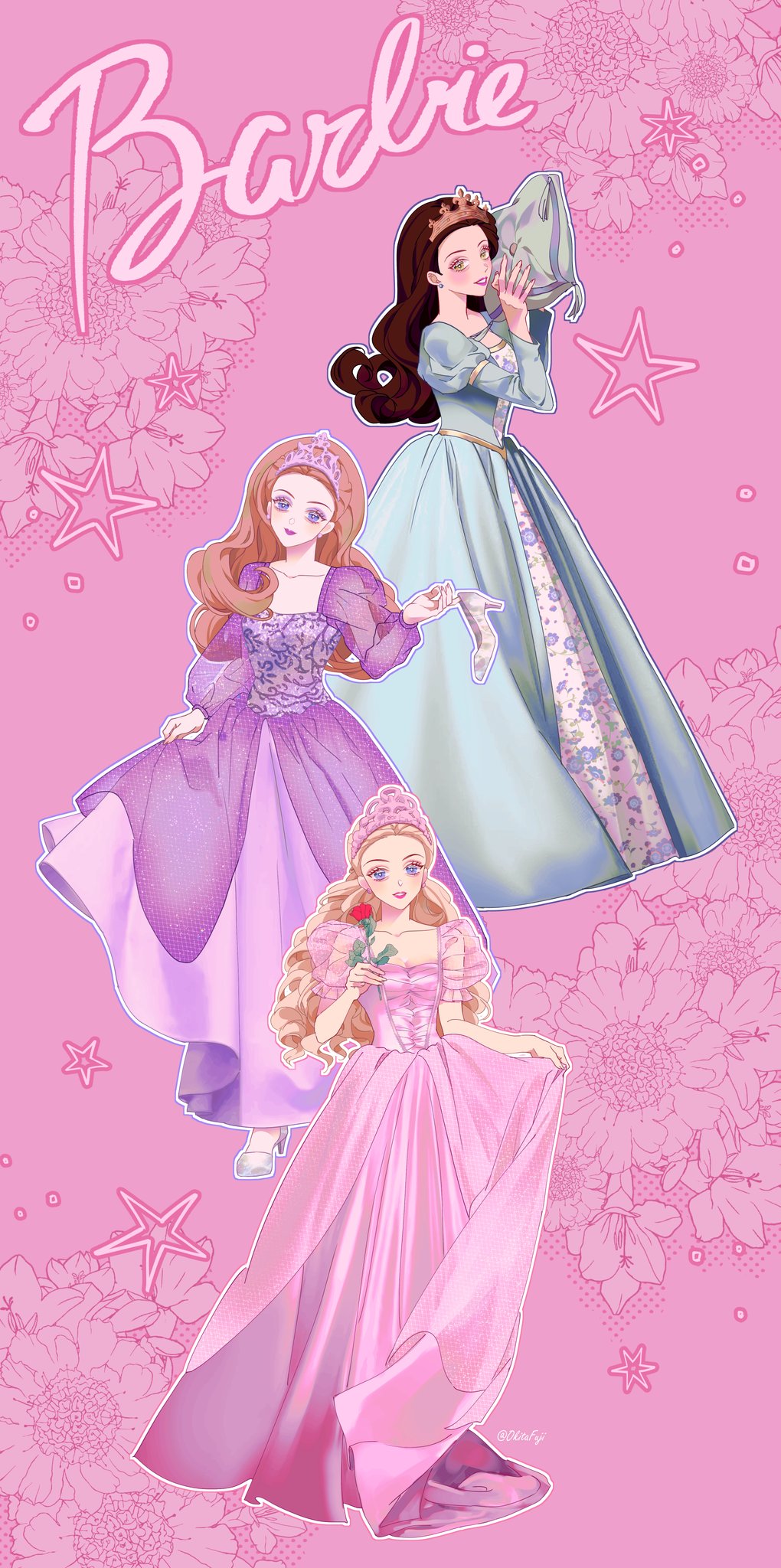 3girls barbie_(character) barbie_(franchise) black_hair blonde_hair blue_eyes caption cinderella cinderella_(grimm) copyright_name corset crown curly_hair curtsey doll dress earrings floral_background floral_print flower formal glass_slipper gown green_dress green_eyes grimm's_fairy_tales head_tilt high_heels highres holding holding_flower holding_pillow holding_shoes jewelry juliet_sleeves logo long_dress long_sleeves multiple_girls name_tag object_hug okitafuji paneled_background pillow pink_background pink_dress princess_and_the_pea puffy_short_sleeves puffy_sleeves purple_dress redhead rose see-through_sleeves shoes shoes_removed short_sleeves single_shoe skirt_hold sleeping_beauty sleeping_beauty_(character) smile square_neckline star_(symbol) tiara