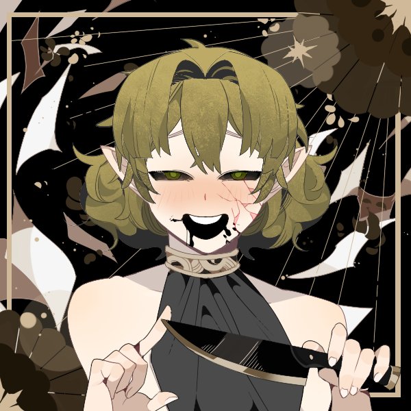 1girl bangs black_blood black_sclera black_shirt blonde_hair colored_sclera commentary_request cracked_skin green_eyes hair_between_eyes hair_intakes holding holding_knife kitchen_knife knife looking_at_viewer mizuhashi_parsee open_mouth pointy_ears shinomiya_0921 shirt short_hair sleeveless sleeveless_shirt solo touhou upper_body