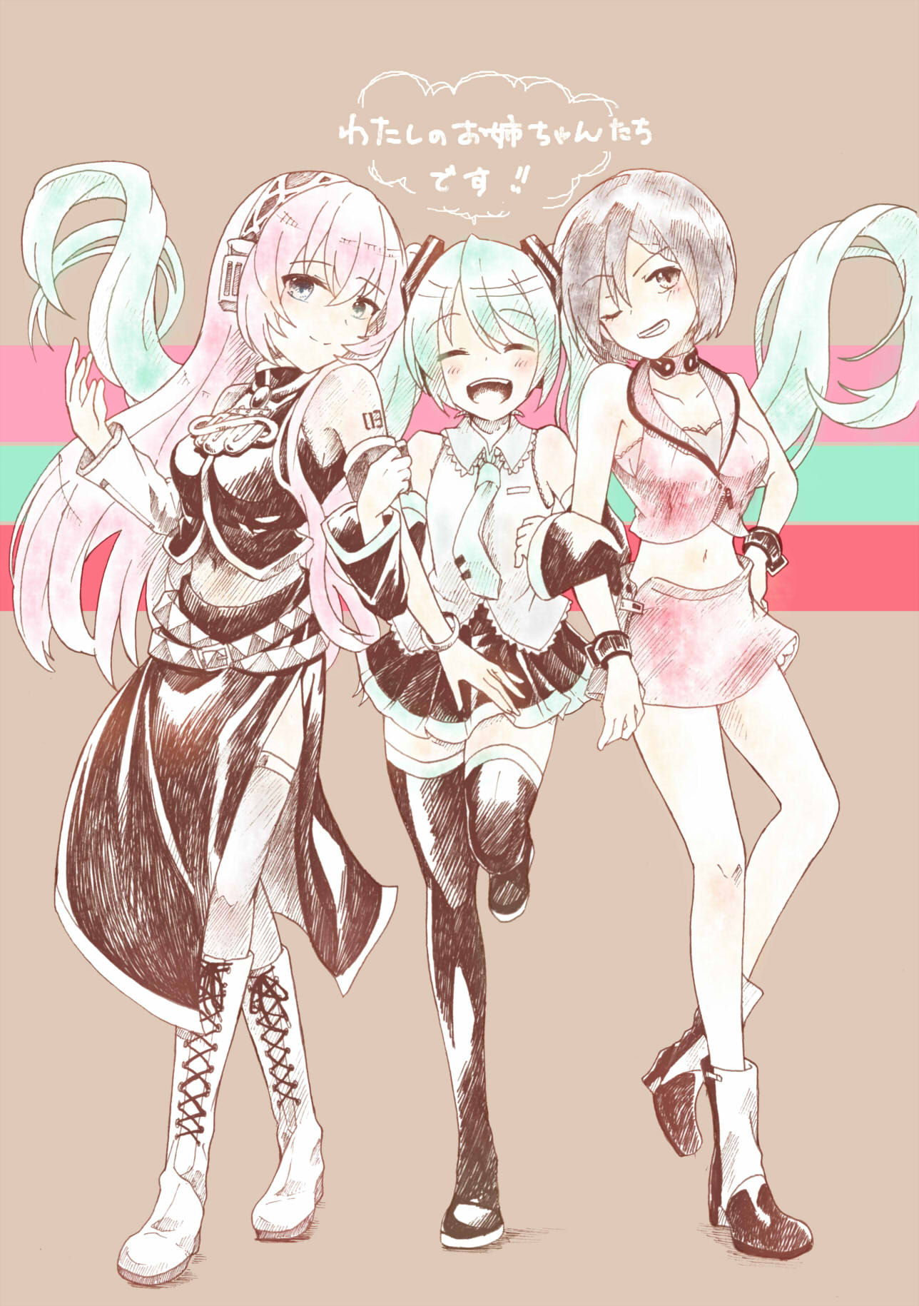 3girls absurdly_long_hair aqua_hair aqua_neckwear armband bare_shoulders black_legwear black_shirt black_skirt black_sleeves boots bracelet brown_background brown_eyes brown_hair choker closed_eyes commentary crop_top cross-laced_footwear detached_sleeves floating_hair grey_shirt grin hair_ornament hatsune_miku head_tilt headphones highres jewelry knee_boots lace-up_boots locked_arms long_hair long_skirt looking_at_viewer megurine_luka meiko meiko_(vocaloid3) midriff miniskirt mochityoko multiple_girls navel necktie one_eye_closed open_mouth pink_hair pleated_skirt red_skirt red_vest shirt short_hair shoulder_tattoo side_slit skirt sleeveless sleeveless_shirt smile stomach tattoo thigh-highs translated twintails very_long_hair vest vocaloid wrist_cuffs zettai_ryouiki