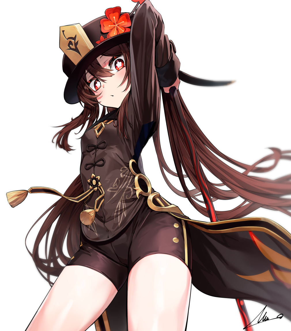 1girl arm_up brown_hair cowboy_shot flower genshin_impact hat hu_tao_(genshin_impact) long_sleeves looking_at_viewer overlord_(overlord80000) plum_blossoms red_eyes short_shorts shorts symbol-shaped_pupils tailcoat twintails
