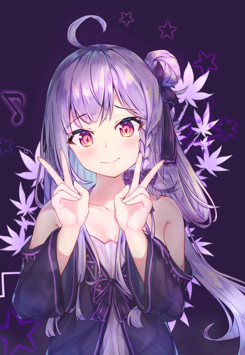 1girl ahoge antenna_hair bangs bare_shoulders blush bow braid breasts detached_sleeves double_v dress eyebrows_visible_through_hair hair_bow hair_bun hair_ribbon highres leaf_print long_hair maple_leaf_print mishuo_(misuo69421) musical_note original purple_bow purple_dress purple_hair purple_ribbon red_eyes ribbon sidelocks simple_background small_breasts smile solo star_(symbol) upper_body v wide_sleeves