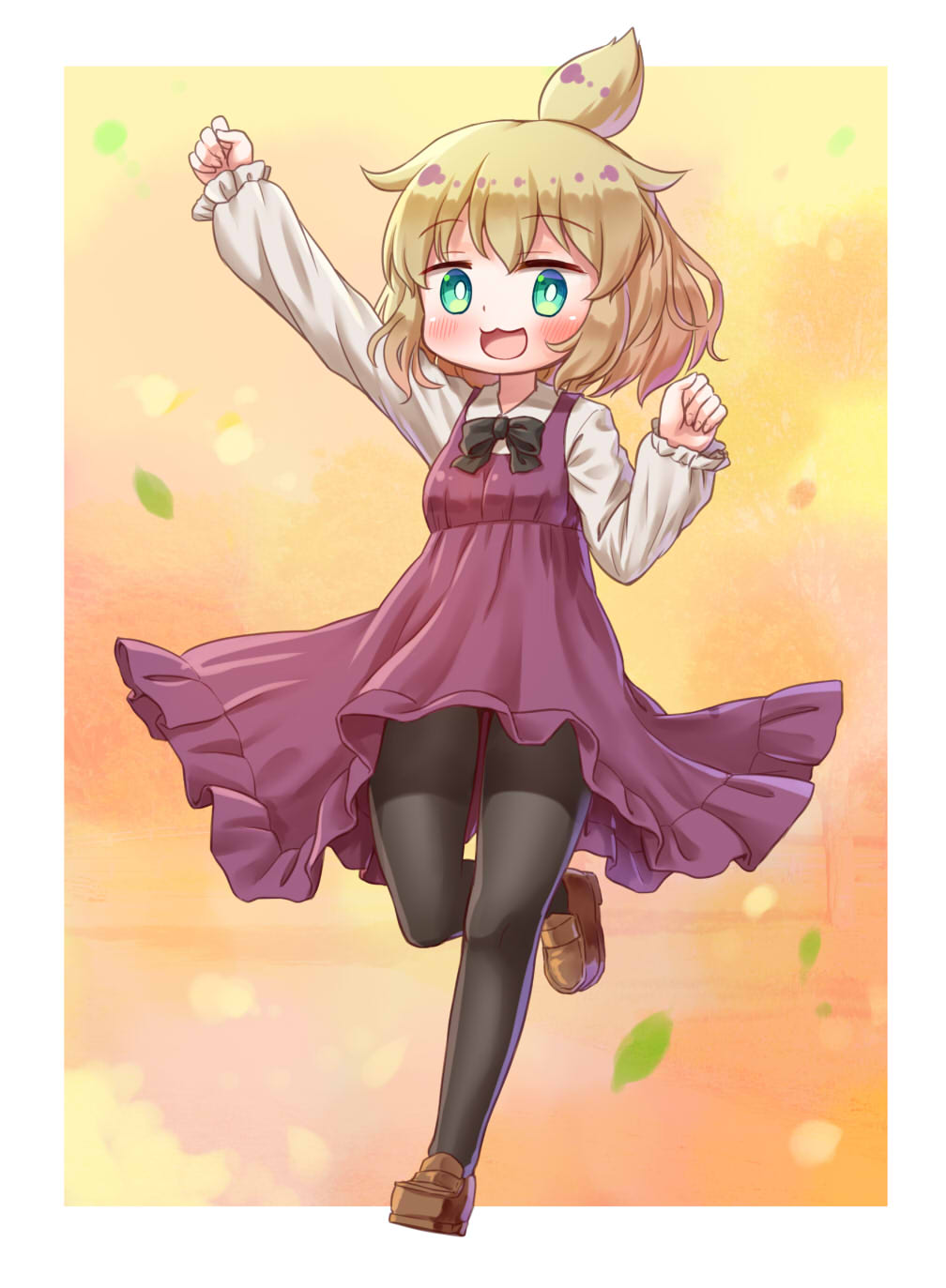 1girl :3 :d ahoge aki_minoriko apron arinu arm_up bangs black_bow black_legwear black_neckwear blonde_hair border bow bowtie bright_pupils brown_footwear eyebrows_visible_through_hair full_body green_eyes highres long_sleeves looking_at_viewer open_mouth red_apron smile solo touhou white_border white_pupils