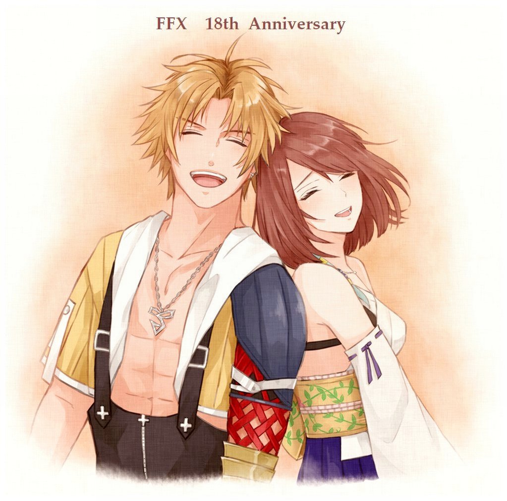 1boy 1girl 6co_co6 blonde_hair breasts brown_hair closed_eyes detached_sleeves final_fantasy final_fantasy_x hair_ornament hakama japanese_clothes jewelry medium_hair necklace open_mouth smile tidus yuna_(ff10)