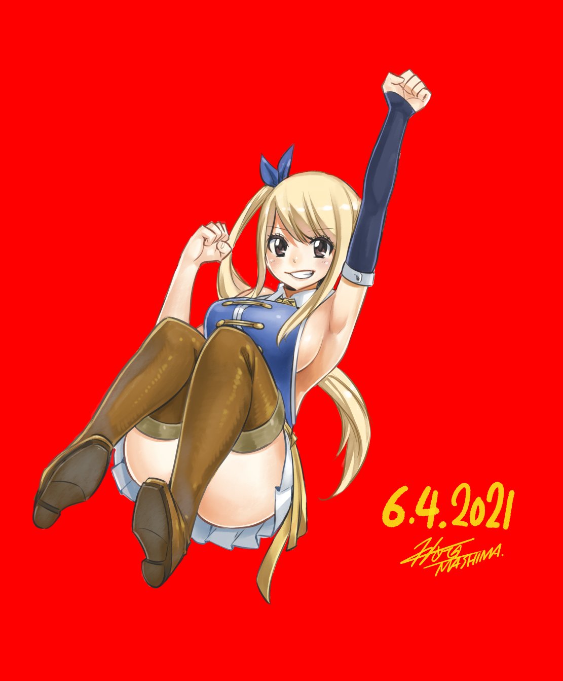 1girl 2021 armpits blonde_hair boots breasts brown_eyes clenched_hands dated detached_sleeves eyebrows_visible_through_hair fairy_tail full_body highres large_breasts long_hair looking_at_viewer lucy_heartfilia mashima_hiro official_art parted_lips red_background side_ponytail sideboob simple_background solo teeth thigh-highs thigh_boots