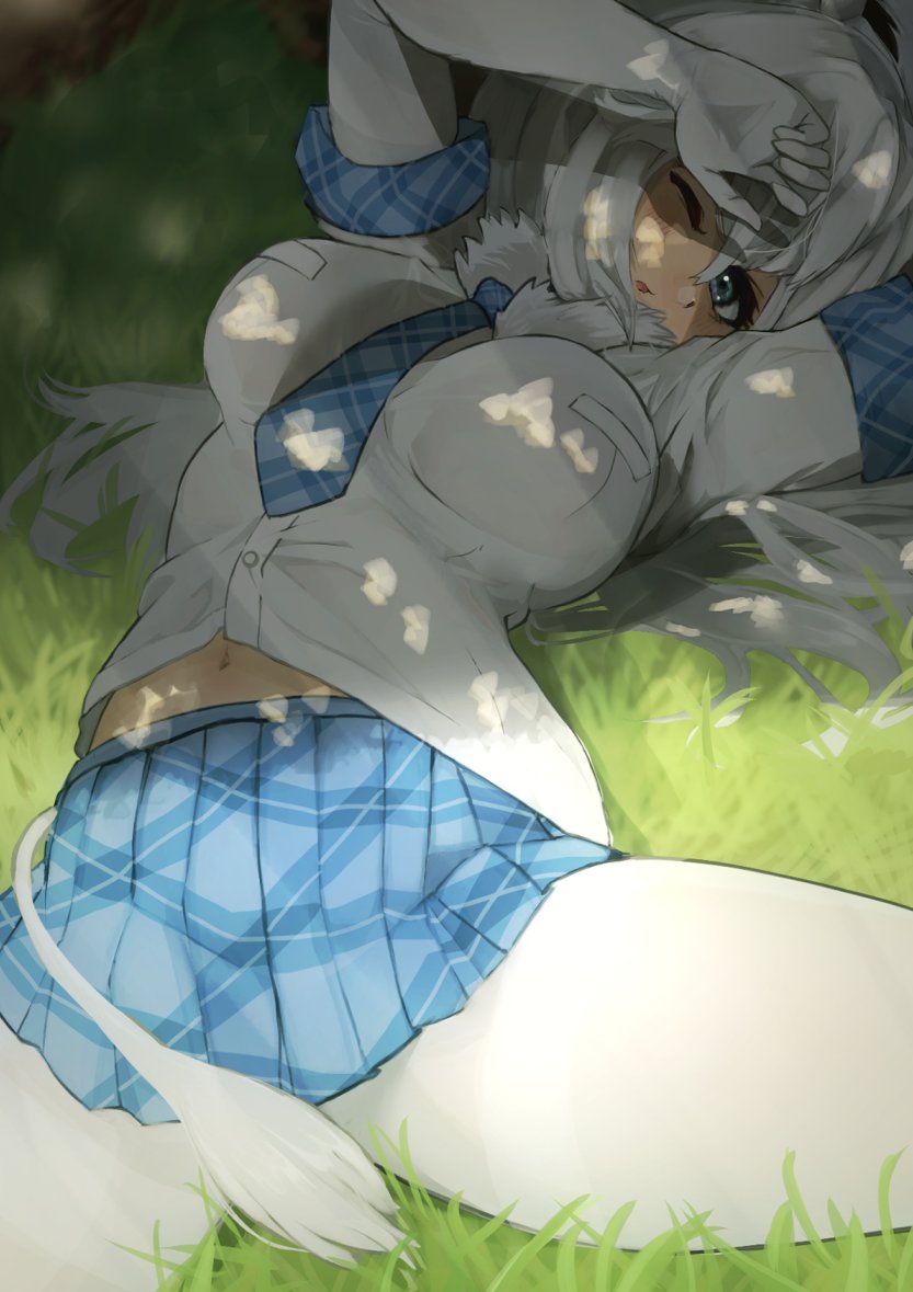 1girl between_breasts blue_eyes blue_neckwear blue_skirt breasts commentary cowboy_shot elbow_gloves gakukuru gloves grass hair_over_one_eye kemono_friends large_breasts lion_tail long_hair looking_at_viewer lying midriff_peek navel necktie on_back one_eye_closed outdoors pantyhose pleated_skirt school_uniform shade skirt solo tail white_gloves white_hair white_legwear white_lion_(kemono_friends)