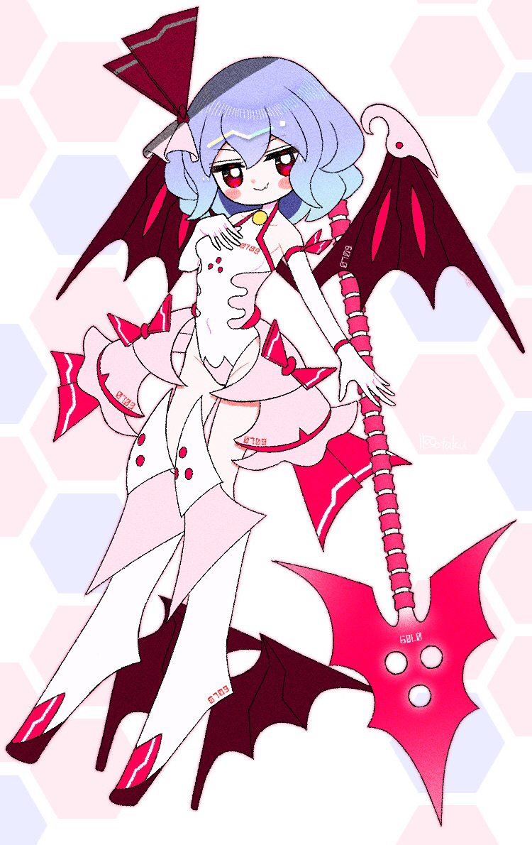 1girl bat_wings blush_stickers bow breasts closed_mouth dotaku_(wran8845) dress dress_bow foot_wings hair_bow hexagon high_heels jitome looking_at_viewer mecha_musume mechanical_legs mechanical_wings mechanization pink_dress polearm purple_hair red_bow red_eyes remilia_scarlet short_hair small_breasts smile solo spear spear_the_gungnir touhou wavy_hair weapon white_background wings