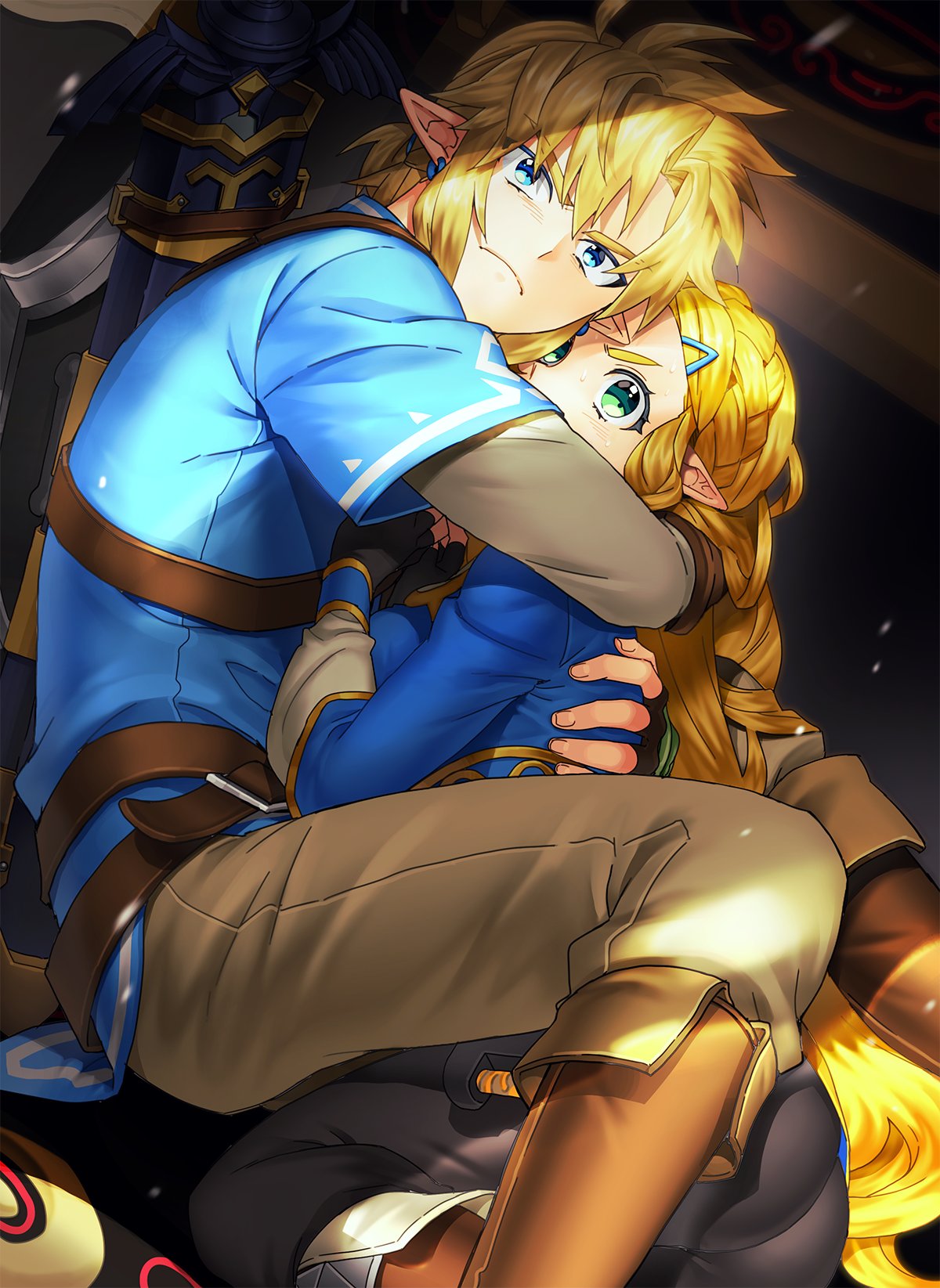 1boy 1girl blonde_hair blue_eyes blue_shirt boots braid brown_pants earrings french_braid green_eyes highres holding_another jewelry link looking_up master_sword michingeaa pants pointy_ears ponytail princess_zelda shirt sweat the_legend_of_zelda the_legend_of_zelda:_breath_of_the_wild