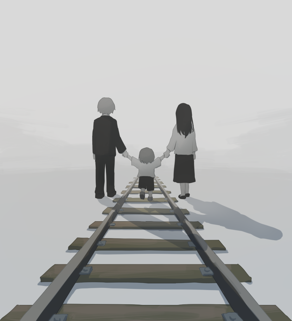 avogado6 black_footwear black_hair black_shirt child colored_skin commentary_request family from_behind grey_hair greyscale holding_hand long_hair monochrome original railroad_tracks shirt symbolism white_shirt white_skin