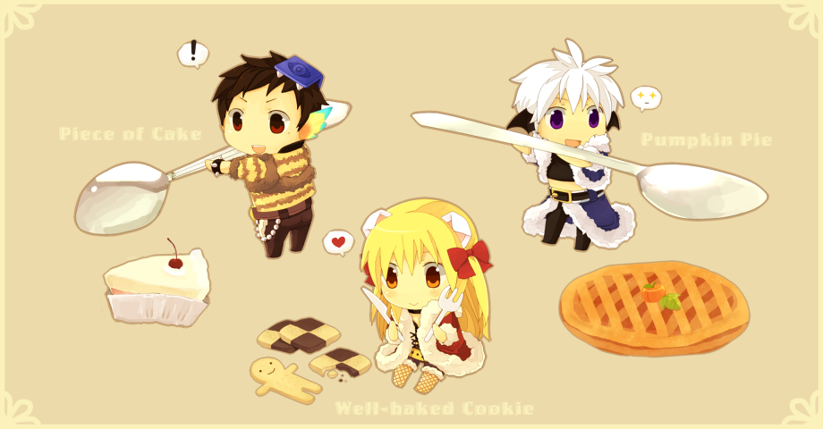 ! +_+ 1girl 2boys animal_ears animal_print bangs black_bra black_shorts blonde_hair book bra bracelet breasts brown_background brown_hair brown_pants cake cake_slice checkerboard_cookie cherry chibi closed_mouth commentary_request cookie dog_ears emoticon endo_mame fishnet_legwear fishnets food fork fruit full_body fur-trimmed_jacket fur-trimmed_shorts fur_trim gingerbread_man head_wings heart holding holding_fork holding_knife holding_spoon jacket jewelry knife long_hair monster multiple_boys open_clothes open_jacket open_mouth oversized_food oversized_object pants pantyhose pie print_jacket pumpkin pumpkin_pie ragnarok_online red_eyes red_jacket rideword_(ragnarok_online) rogue_(ragnarok_online) short_hair short_shorts short_sleeves shorts simple_background smile spiked_bracelet spikes spoken_exclamation_mark spoken_heart spoon stalker_(ragnarok_online) tiger_print underwear violet_eyes white_hair yellow_jacket