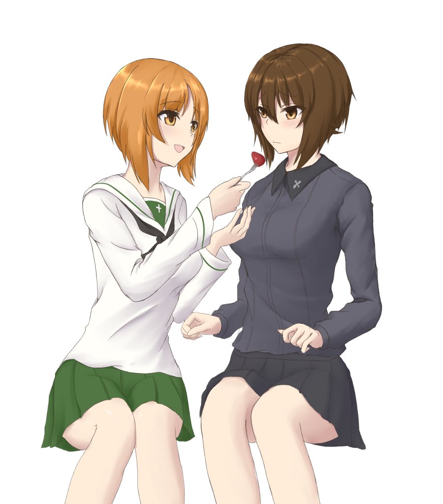 2girls bangs black_neckwear black_skirt blouse blush brown_eyes brown_hair closed_mouth commentary dress_shirt eyebrows_visible_through_hair feeding food fork fruit girls_und_panzer green_skirt grey_shirt holding holding_fork insignia invisible_chair kurocat0701 kuromorimine_school_uniform leaning_to_the_side light_frown long_sleeves looking_at_another miniskirt multiple_girls neckerchief nishizumi_maho nishizumi_miho ooarai_school_uniform open_mouth pleated_skirt sailor_collar school_uniform serafuku shirt short_hair siblings side-by-side simple_background sisters sitting skirt smile strawberry white_background white_blouse white_sailor_collar wing_collar