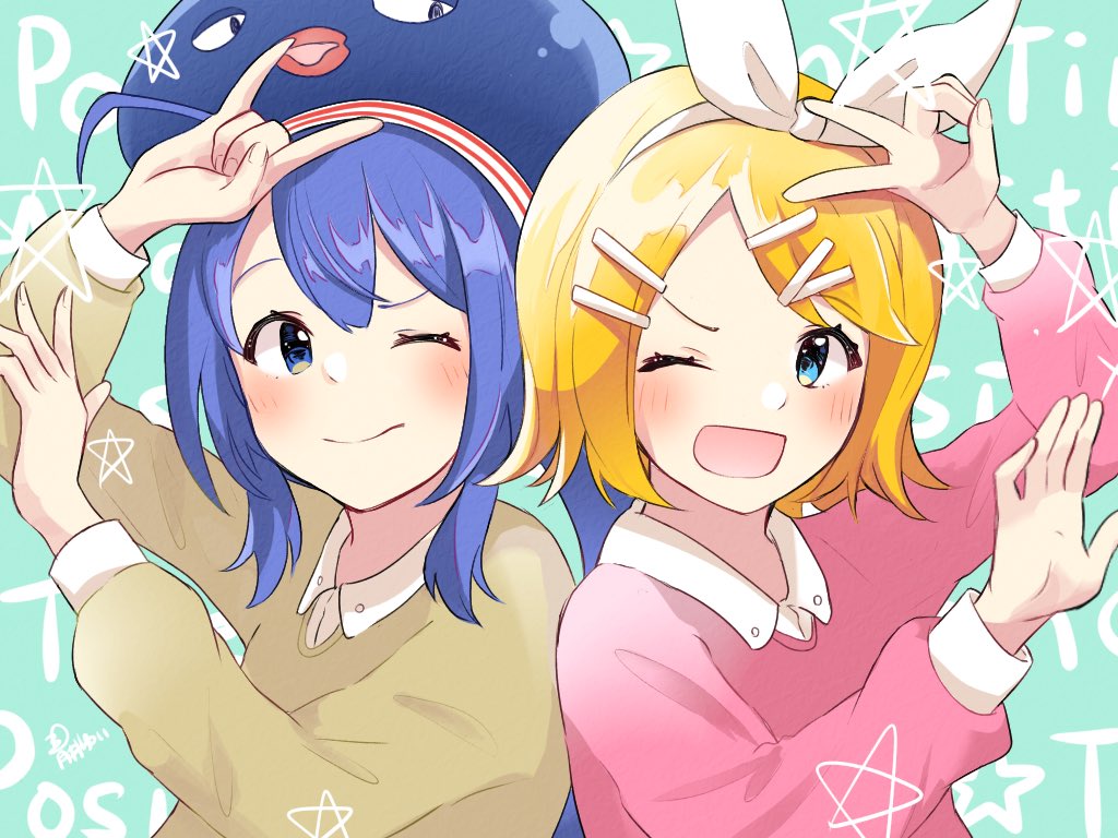 2girls ;d \n/ ahoge aoiyui blonde_hair blue_eyes blue_hair blue_headwear bow brown_sweater eel_hat hair_bow hair_ornament hairclip hands_up heart_arms_duo kagamine_rin large_hat long_hair looking_at_another multiple_girls one_eye_closed open_mouth otomachi_una pink_sweater raised_eyebrow short_hair smile star_(symbol) sweater upper_body v very_long_hair vocaloid white_bow