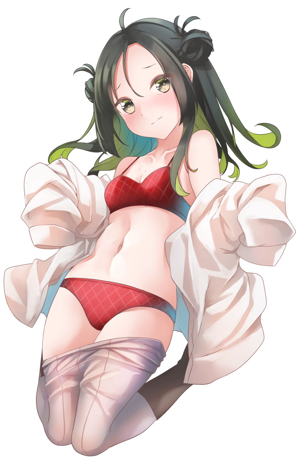 1girl ahoge black_hair blush bra closed_mouth clothes_pull collarbone comah double_bun green_hair grey_legwear highres kantai_collection long_hair makinami_(kancolle) multicolored_hair navel panties pantyhose pantyhose_pull red_bra red_panties simple_background sleeves_past_fingers sleeves_past_wrists solo underwear white_background yellow_eyes