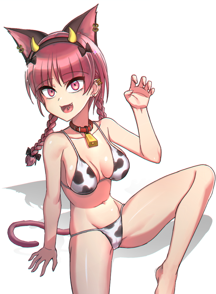 1girl animal_ears animal_print barefoot bell bikini braid breasts cat_ears cat_tail chinese_zodiac claw_pose collarbone cookie_(touhou) cow_print cowbell earrings extra_ears fake_horns foot_out_of_frame hand_up horns jewelry jgknskdcfwnmnk_(cookie) jigoku_no_soko_de_coffee_wo_nomu_neko kaenbyou_rin looking_at_viewer medium_breasts navel piercing pink_eyes redhead simple_background sitting solo swimsuit tail tongue_piercing touhou twin_braids twintails white_background year_of_the_ox