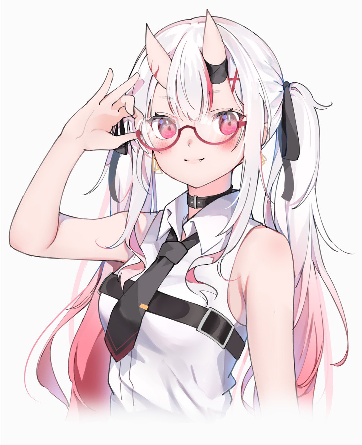 1girl adjusting_eyewear auui bare_arms bespectacled black_neckwear black_ribbon blush breasts collar colored_tips commentary_request cropped_torso earrings fang glasses grey_background hair_ribbon highres hololive horns jewelry light_smile long_hair looking_at_viewer multicolored_hair nakiri_ayame necktie official_alternate_costume red-framed_eyewear red_eyes redhead ribbon semi-rimless_eyewear simple_background small_breasts solo streaked_hair twintails under-rim_eyewear upper_body virtual_youtuber white_hair