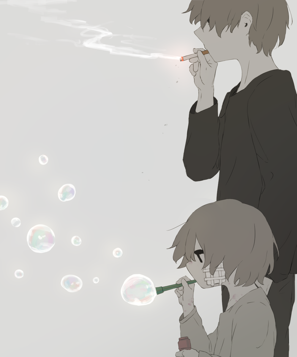 2boys avogado6 bandaid bandaid_on_cheek black_eyes black_shirt bubble_blowing child_abuse cigarette commentary_request father_and_son grey_background grey_hair highres holding holding_cigarette long_sleeves multiple_boys negative_space original shirt simple_background smoke smoking soap_bubbles
