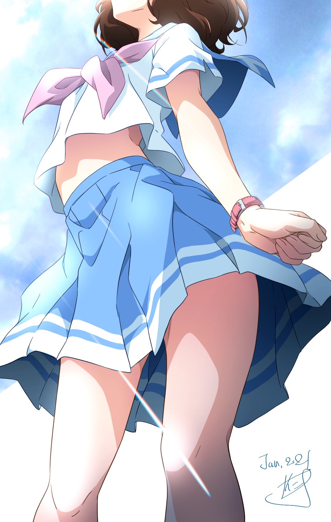 1girl arched_back bare_legs breasts brown_hair dated hibike!_euphonium highres kitauji_high_school_uniform light_rays looking_up miniskirt neckerchief nii_manabu oumae_kumiko out_of_frame outdoors outstretched_arms pleated_skirt sailor_collar school_uniform serafuku short_hair signature simple_background skirt sky small_breasts solo spread_arms stomach sunbeam sunlight thigh-highs upskirt watch watch