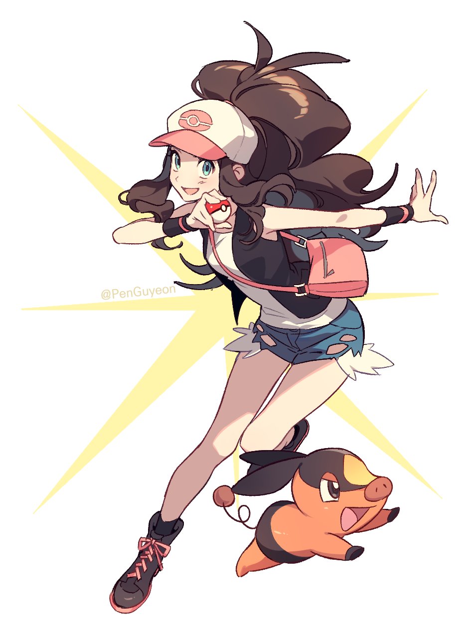 1girl aqua_eyes bag baseball_cap black_vest boots brown_hair commentary_request denim denim_shorts hat high_ponytail highres hilda_(pokemon) holding holding_poke_ball korean_commentary long_hair open_mouth outstretched_arm penguyeon poke_ball poke_ball_(basic) pokemon pokemon_(creature) pokemon_(game) pokemon_bw shirt short_shorts shorts shoulder_bag sidelocks sleeveless sleeveless_shirt smile tepig twitter_username vest white_shirt wristband