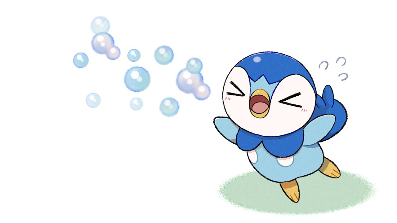 &gt;_&lt; blush bubble commentary_request creature flying_sweatdrops gen_4_pokemon no_humans official_art open_mouth piplup pokemon pokemon_(creature) prj_pochama solo standing starter_pokemon tongue white_background