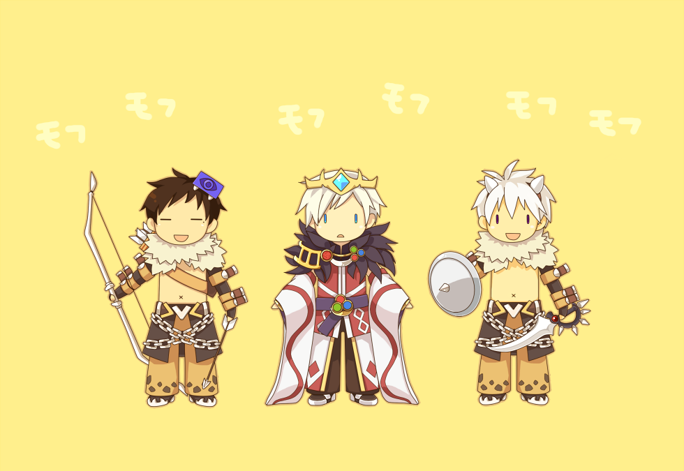 3boys =d arrow_(projectile) bangs black_cape black_footwear black_gloves black_pants blue_eyes book bow_(weapon) breasts brown_hair brown_hairband brown_pants cape chain chibi closed_eyes commentary_request dagger detached_sleeves diadem endo_mame fake_horns full_body fur_collar gloves hairband holding holding_arrow holding_bow_(weapon) holding_dagger holding_shield holding_weapon horns knife looking_at_viewer monster multiple_boys open_mouth pants quiver ragnarok_online red_shirt rideword_(ragnarok_online) shadow_chaser_(ragnarok_online) shield shirt shoes short_hair shrug_(clothing) sleeveless sleeveless_shirt sorcerer_(ragnarok_online) standing waist_cape weapon white_hair white_sleeves x_navel yellow_background |_| |d