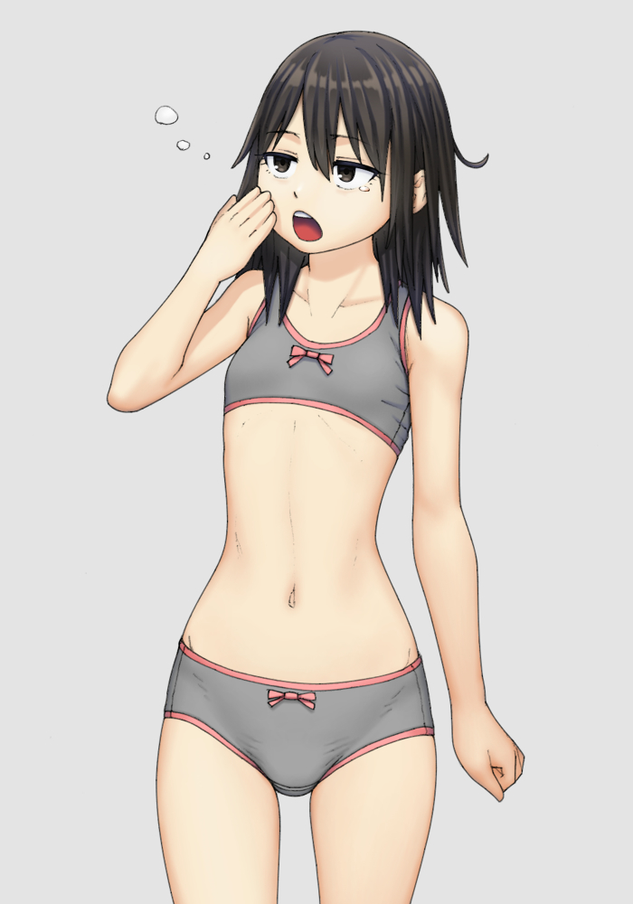 1girl bangs black_eyes black_hair bow bow_bra bow_panties bra commentary_request cowboy_shot crotch_seam flat_chest grey_background grey_bra grey_panties half-closed_eyes looking_to_the_side maburu_(lojyq1eur3e8bit) medium_hair messy_hair navel open_mouth original panties simple_background sleepy solo standing tearing_up underwear underwear_only yawning