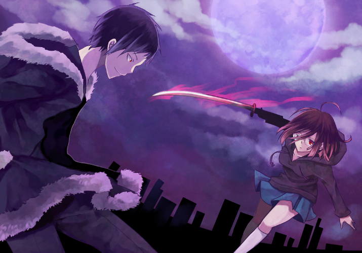 city coat durarara!! full_moon glasses hoodie lowres moon night orihara_izaya pleated_skirt red_eyes short_hair skirt sonohara_anri spoilers sword weapon yuunagi_(x_aym_x)