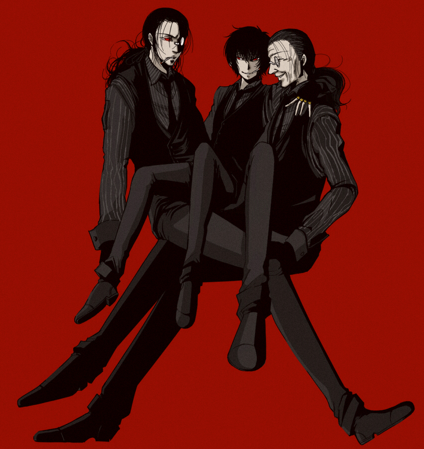 bad_id black_hair cigarette closed_eyes hellsing hellsing:_the_dawn hill_(artist) male multiple_persona necktie ponytail red_eyes smile time_paradox walter young