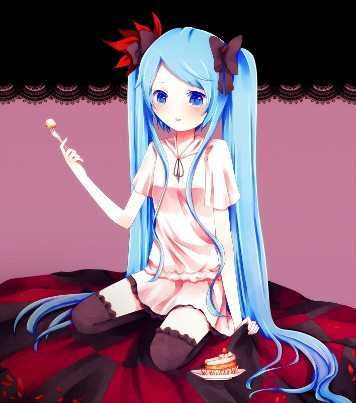 bad_id blue_eyes blue_hair cake checkered checkered_floor dress food hair_ribbon hatsune_miku long_hair nakatambo nakatanbo pastry ribbon sitting skirt smile solo thigh-highs thighhighs twintails very_long_hair vocaloid world_is_mine_(vocaloid) zettai_ryouiki