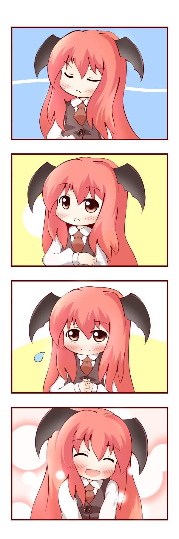 4koma :d chibi closed_eyes comic head_wings highres koakuma necktie open_mouth red_eyes red_hair silent_comic smile sparkle sweatdrop touhou tsundere uruc vest wings