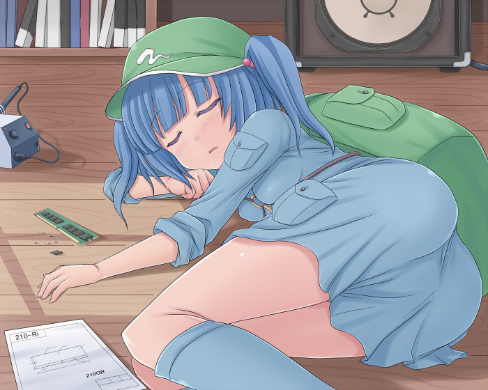ass backpack bad_id bag blue_hair closed_eyes contemporary hair_bobbles hair_ornament hasu_(hk_works) hat kawashiro_nitori on_side ram short_hair sleeping sleeves_rolled_up soldering_iron solo touhou twintails