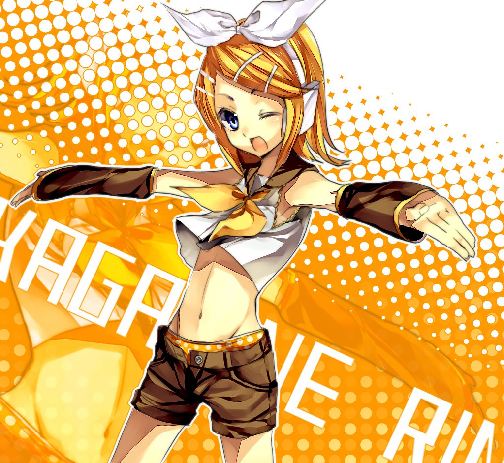 armpits blonde_hair blue_eyes crop_top detached_sleeves dutch_angle error hair_ornament hair_ribbon hairclip headphones kagamine_rin midriff navel open_shorts outstretched_arms panties polka_dot polka_dot_panties ribbon short_hair shorts sleeveless_shirt solo spread_arms standing underwear vocaloid wind_lift wink wrong_hand yellow yellow_panties zoom_layer