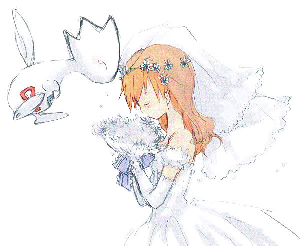 bride dithering dress flower head_wreath kasumi_(pokemon) nintendo orange_hair pokemon pokemon_(anime) simple_background tears togetic wedding_dress