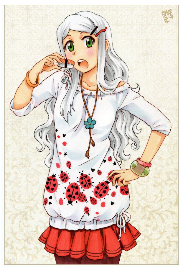 blush collarbone face female food green_eyes hair_ornament hairclip hand_on_hip jewelry ladybug long_hair meago mina_(meago) miniskirt necklace open_mouth original pantyhose skirt solo sushi white_hair