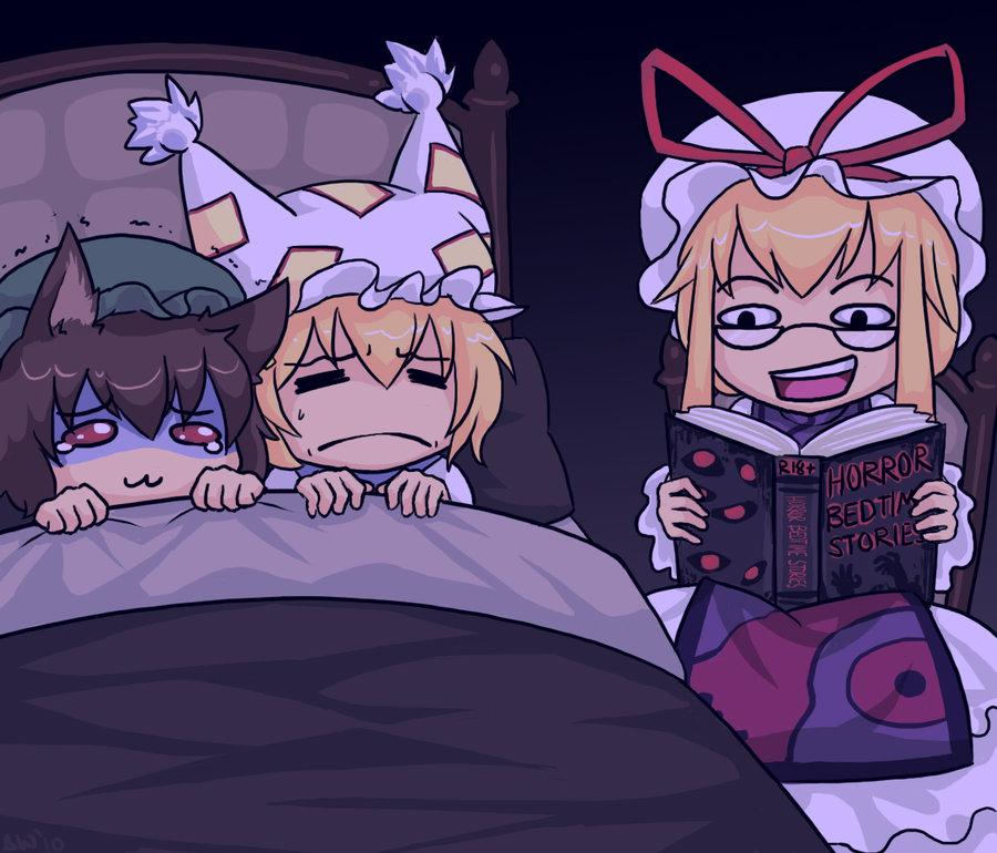 3girls =_= animal_ears bed bespectacled blonde_hair book brown_hair cat_ears chen chibi english glasses hat k0n3k0 multiple_girls open_mouth scared tears touhou trembling yakumo_ran yakumo_yukari