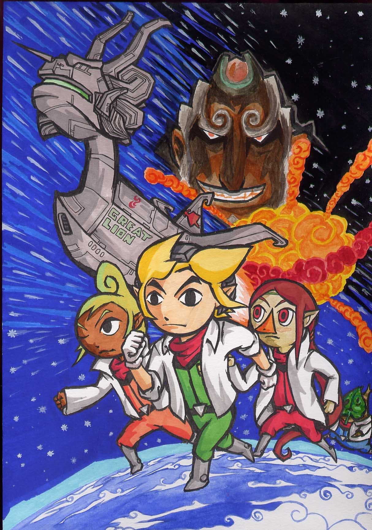 explosion falco_lombardi fox_mccloud ganondorf gloves highres link makar male medli nintendo parody peppy_hare planet pointy_ears space_craft star_fox tetra the_king_of_red_lions the_legend_of_zelda toon_link wind_waker wink