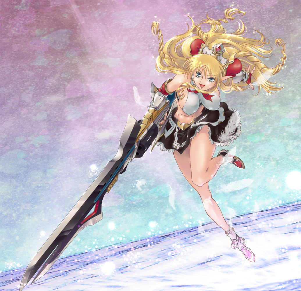 blonde_hair breasts crown drill_hair elf erect_nipples feathers fingerless_gloves frills gloves gunblade hairpods hanging_breasts happy huge_weapon large_breasts legs long_hair long_legs midriff msda neige_hausen pointy_ears sideboob skirt smile solo super_robot_wars super_robot_wars_og_saga_mugen_no_frontier super_robot_wars_og_saga_mugen_no_frontier_exceed sword thighs weapon