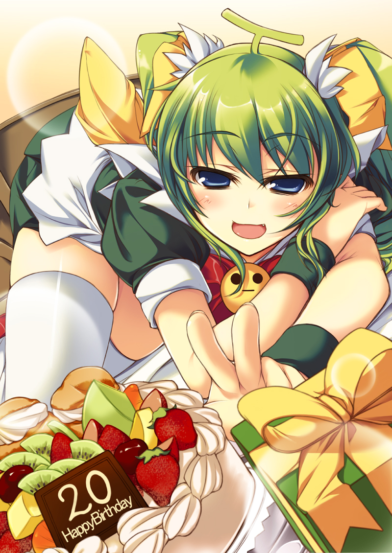 bad_id blue_eyes cake food green_hair melon-chan melonbooks pastry ten_oni_touri thigh-highs thighhighs twintails