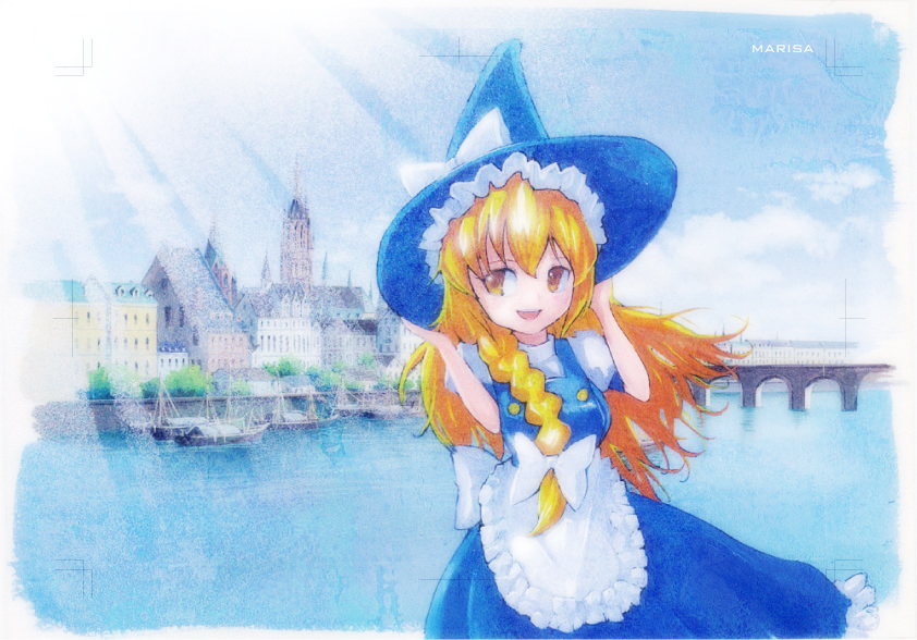 apron bad_id blonde_hair braid bridge buttons cloud dress hair_ribbon hand_on_hat hat kirisame_marisa long_hair mayo_riyo paint_(medium) ribbon river sky smile solo touhou town traditional_media witch witch_hat yellow_eyes