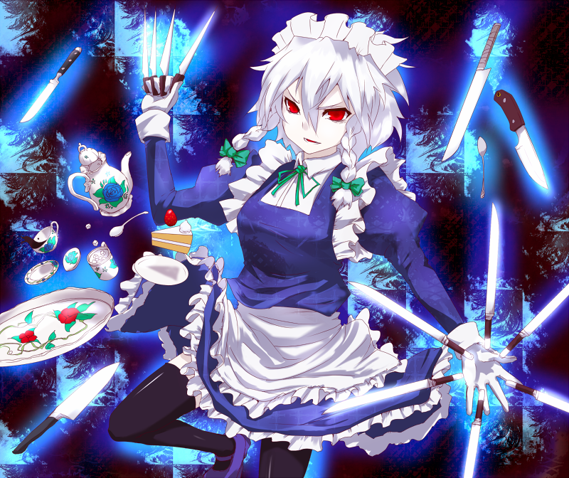 danmaku food izayoi_sakuya knife maid maid_headdress pastry red_eyes short_hair silver_hair soubi tea_set thighhighs touhou