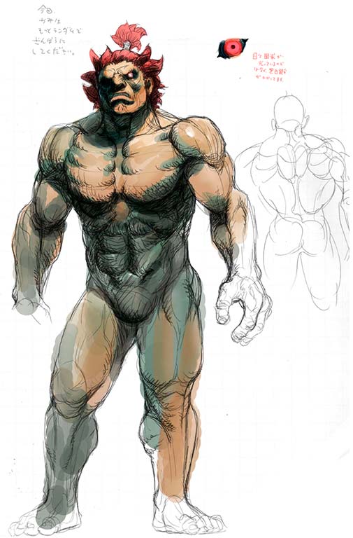 abs black_sclera character_sheet concept_art dark_skin gouki muscle no_penis nude official_art red_eyes redhead street_fighter street_fighter_iv topknot