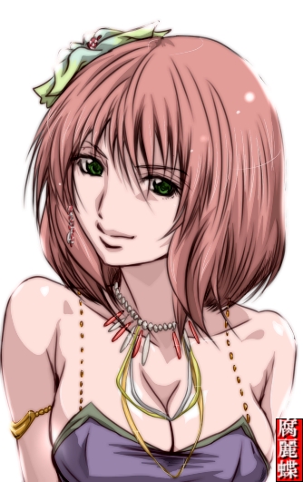 bare_shoulders cleavage dancer earrings female final_fantasy final_fantasy_v green_eyes hair_ornament lenna_charlotte_tycoon madhatter_hello necklace pink_hair short_hair solo