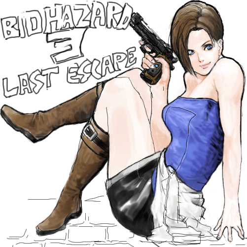 bare_shoulders blue_eyes boots brown_hair female gun jill_valentine kusanagi_shion_(elda) miniskirt resident_evil resident_evil_3 short_hair sitting skirt solo