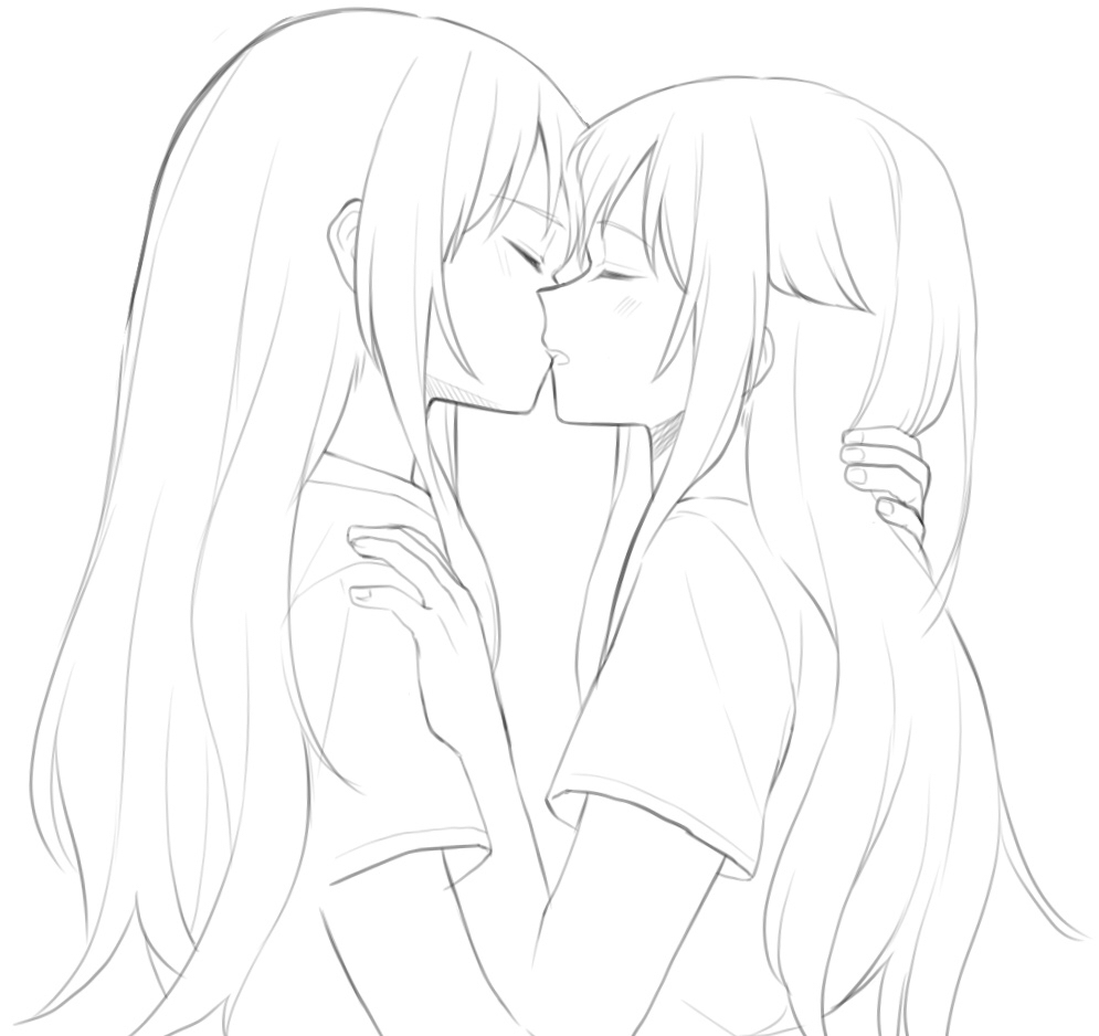 2girls akatsuki_(osamaru36) closed_eyes facing_another hand_in_another's_hair hand_on_another's_shoulder himehina_channel imminent_kiss lineart long_hair monochrome multiple_girls profile suzuki_hina tanaka_hime upper_body virtual_youtuber yuri