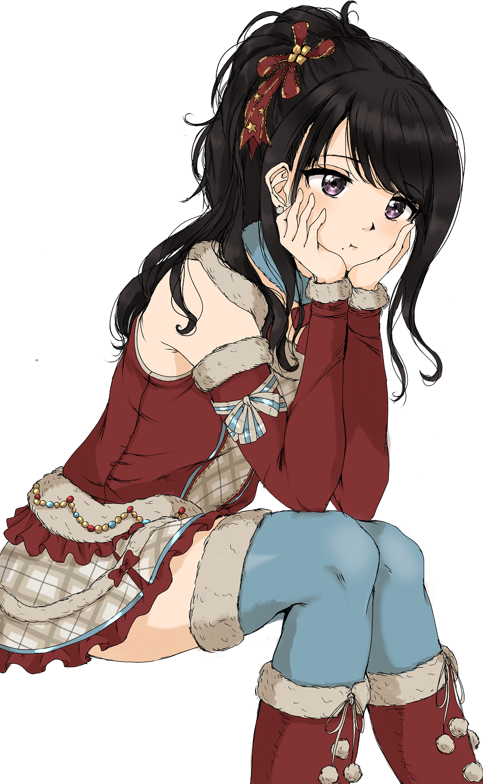 1girl arm_rest black_hair blue_legwear boots detached_sleeves eyebrows_visible_through_hair gatsby_ssl highres idolmaster idolmaster_shiny_colors kazano_hiori looking_at_viewer mole mole_under_mouth pout simple_background solo thigh-highs violet_eyes white_background winter_clothes