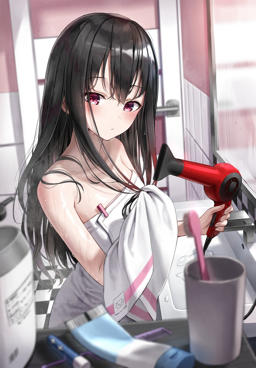 1girl bangs bathroom black_hair blurry blurry_background blurry_foreground blush breasts checkered checkered_floor commentary depth_of_field eyebrows_visible_through_hair hair_dryer highres holding holding_hair_dryer holding_towel indoors looking_at_viewer mirror naked_towel original pink_eyes sink solo superpig symbol_commentary toothbrush toothpaste towel wet