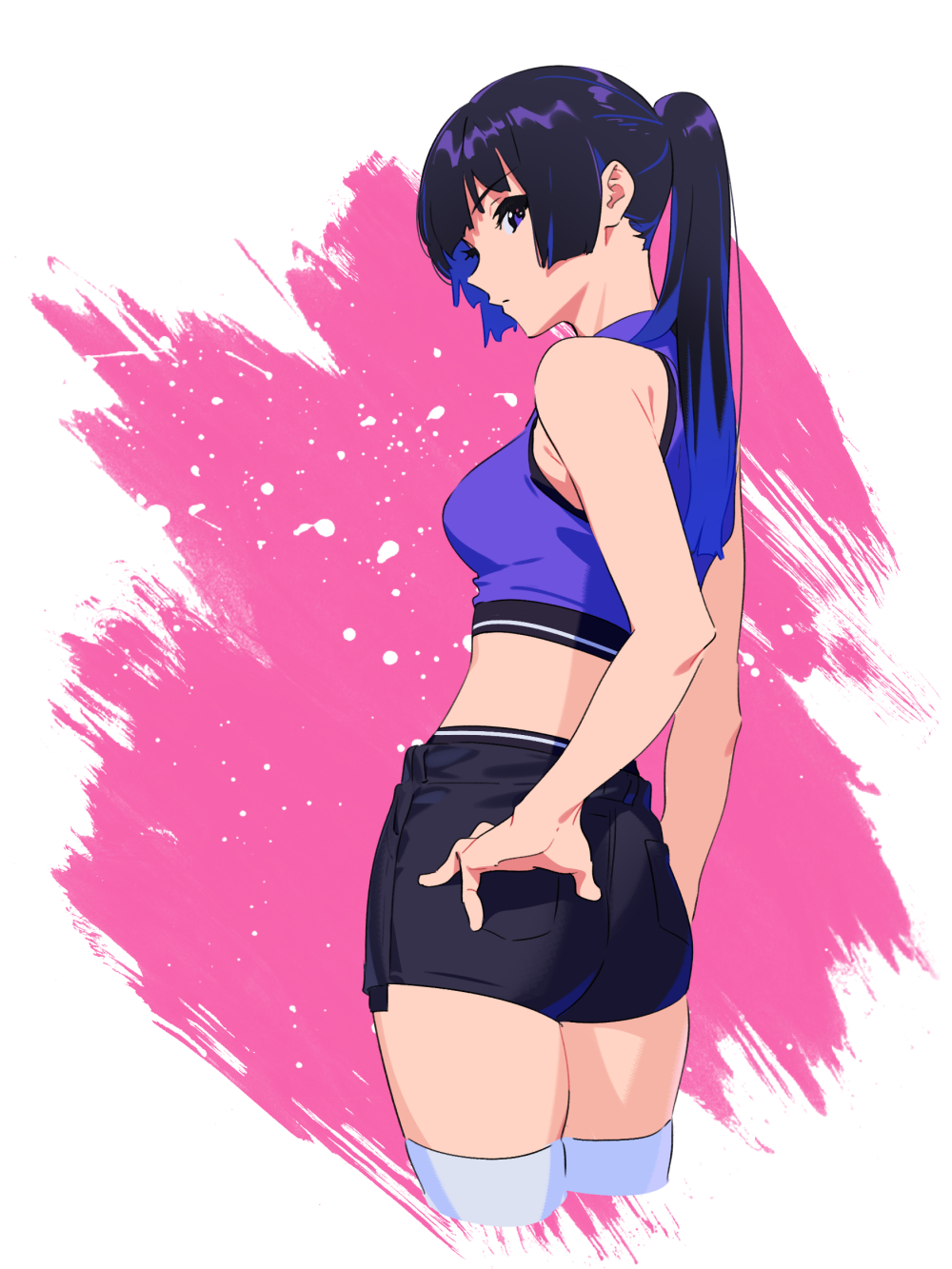 1girl ass bangs bare_shoulders black_hair black_shorts blue_eyes blue_hair blue_shirt blunt_bangs blunt_ends breasts commentary crop_top cropped_legs eyebrows_visible_through_hair from_behind hand_on_ass hibike!_euphonium high-waist_shorts highres kamo_kamen kousaka_reina light_frown long_hair looking_at_viewer looking_back medium_breasts midriff multicolored_hair ponytail profile shirt short_shorts shorts sidelocks simple_background sleeveless solo thigh-highs two-tone_hair white_legwear