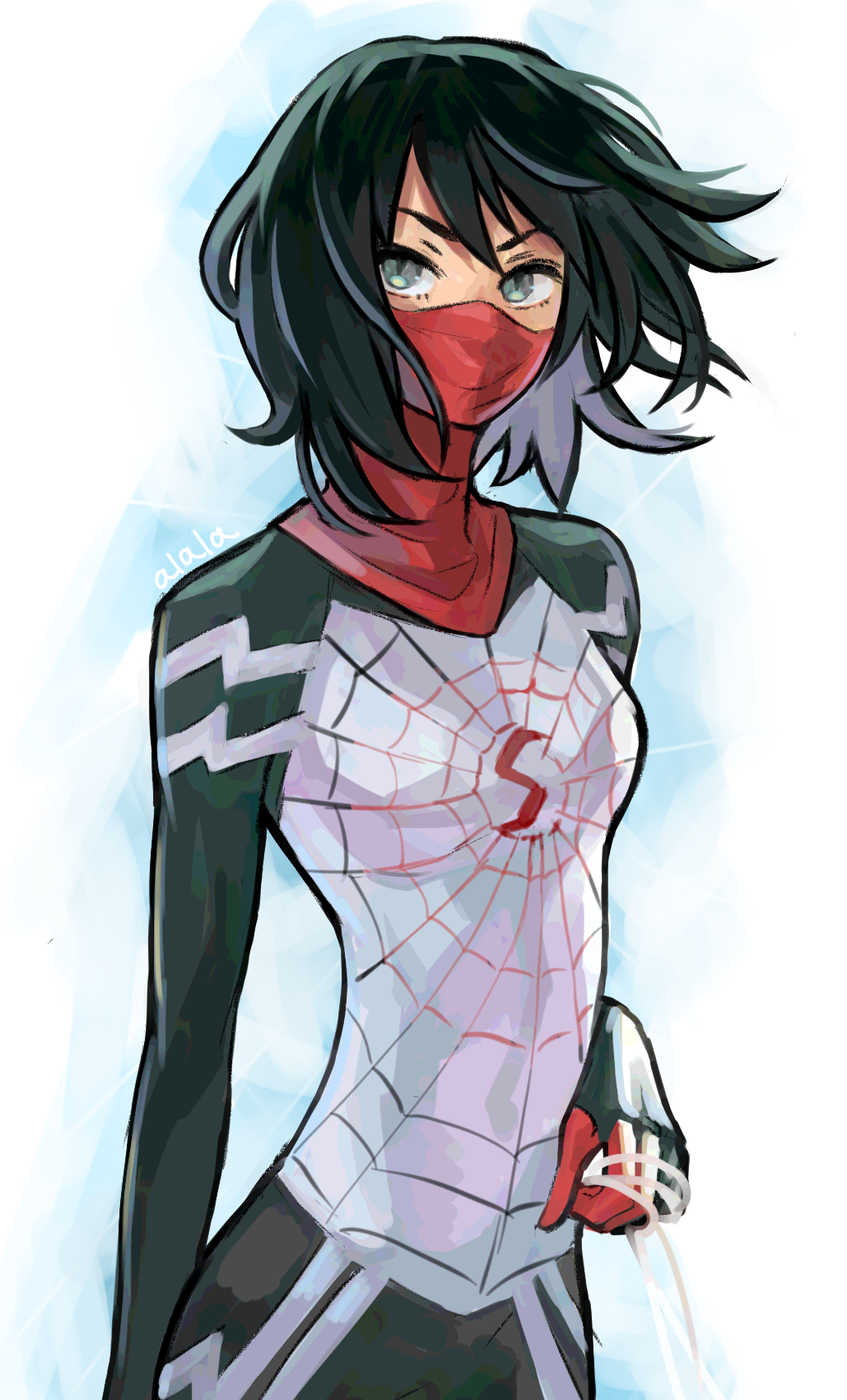 1girl bangs black_hair bodysuit breasts cindy_moon floating_hair grey_eyes highres holding_string looking_to_the_side marvel mask mouth_mask red_mask short_hair silk_(marvel) small_breasts solo spider-man_(series) spider_web_print superhero sushi_pizza_rrr v-shaped_eyebrows